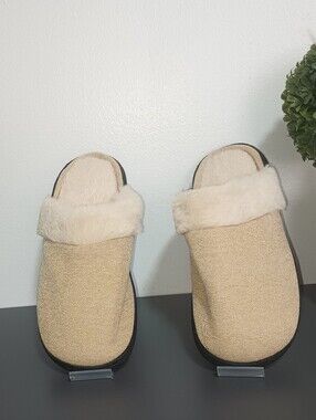 Cozy Cream Fleece-Trim Slip-On Slippers